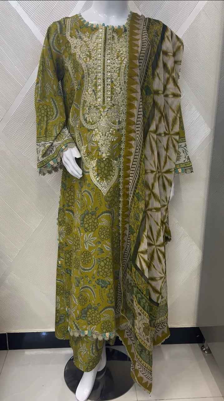 Mavi's Pret MPrint Olive Green Printed Lawn 3PC | Ready-to-Wear