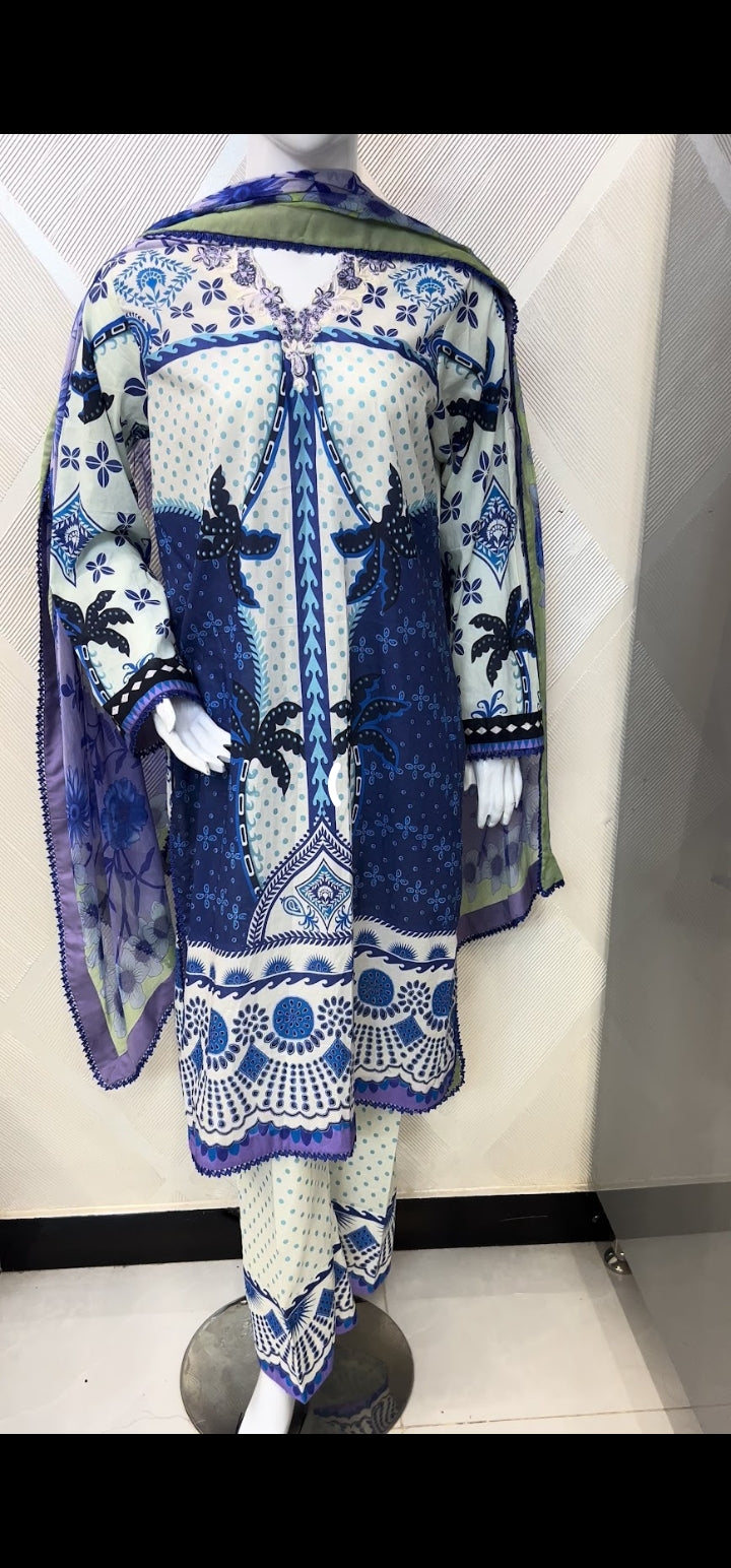3PC Printed Lawn Suit with Bamber Chiffon Dupatta | 100% Original