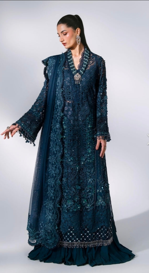 Peacock Blue BD-3106 – Unstitched Embroidered Organza 3PC Suit