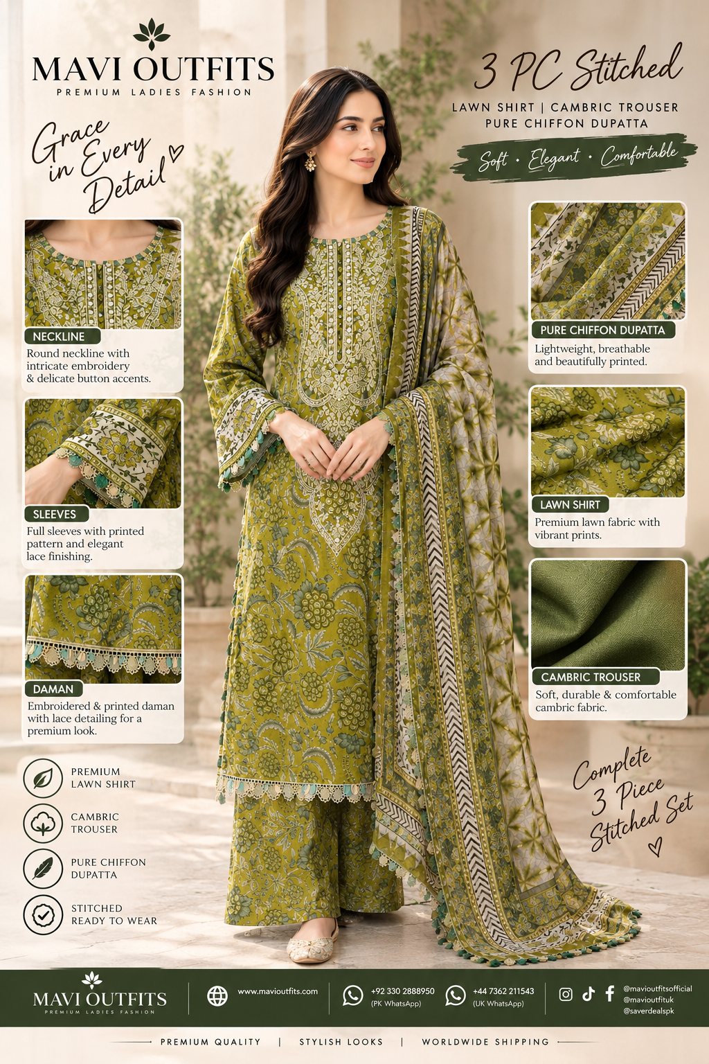 Mavi's Pret MPrint Olive Green Printed Lawn 3PC | Ready-to-Wear
