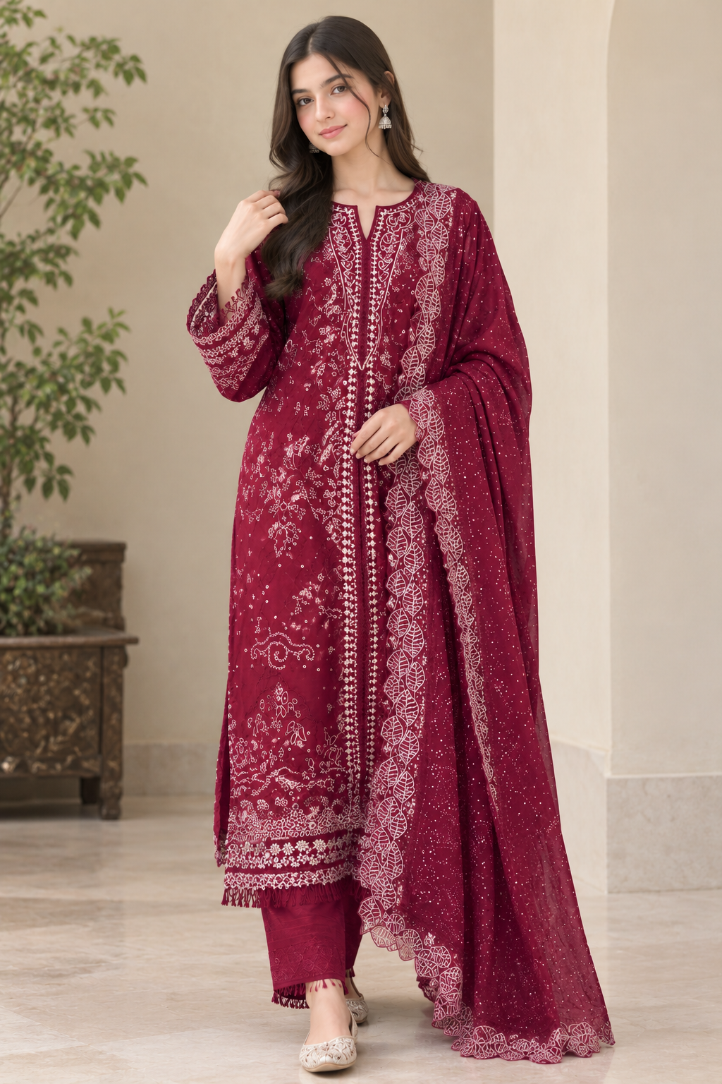 Mavi’s Pret SUFFUSE Cherry Red Embroidered 3PC RTW