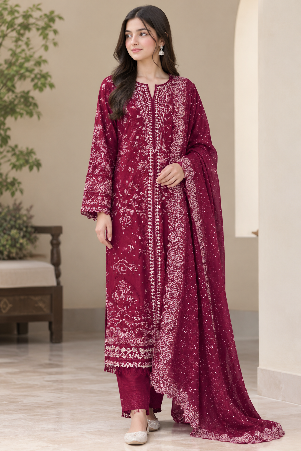 Mavi’s Pret SUFFUSE Cherry Red Embroidered 3PC RTW