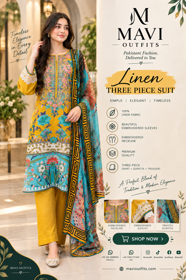 Mustard Yellow Embroidered Linen 3-Piece Suit | Ready to Wear