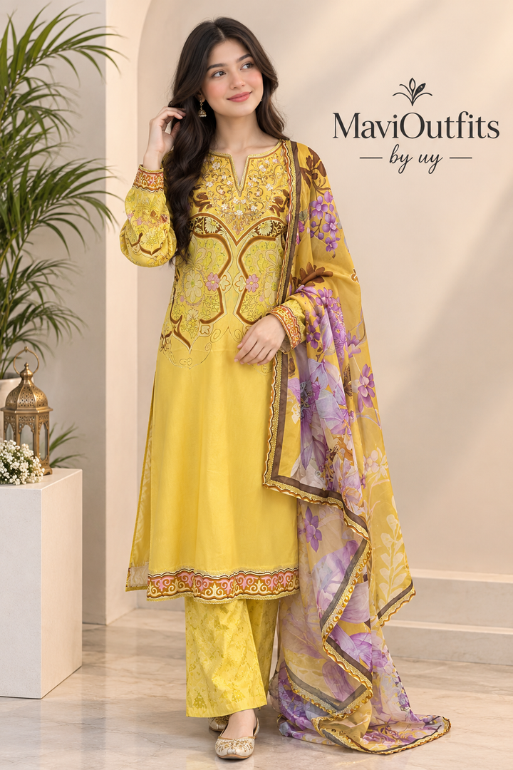 Mavi's Pret Mushq Mustard Yellow Luxury Lawn 3PC RTW | 100% Original