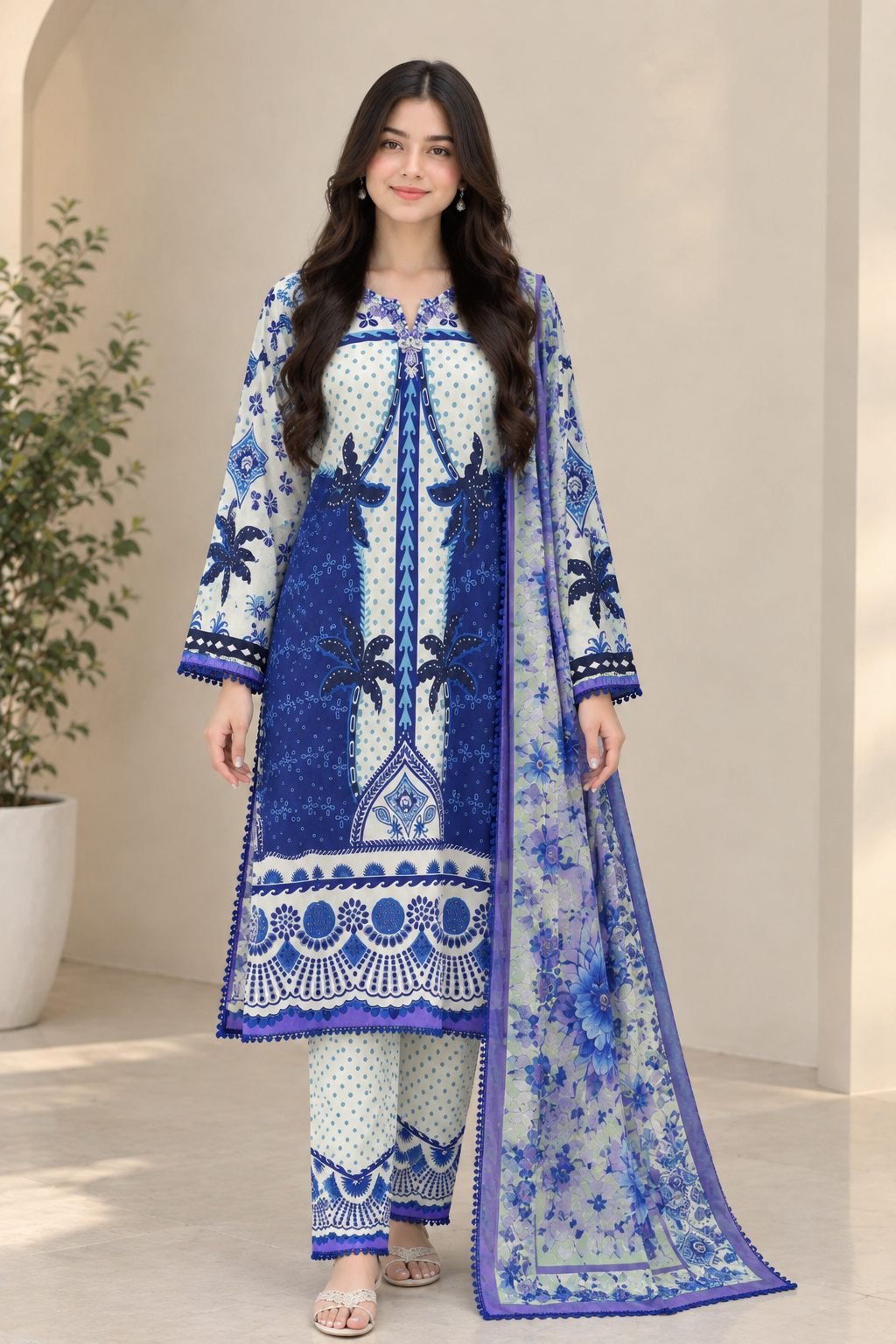 3PC Printed Lawn Suit with Bamber Chiffon Dupatta | 100% Original