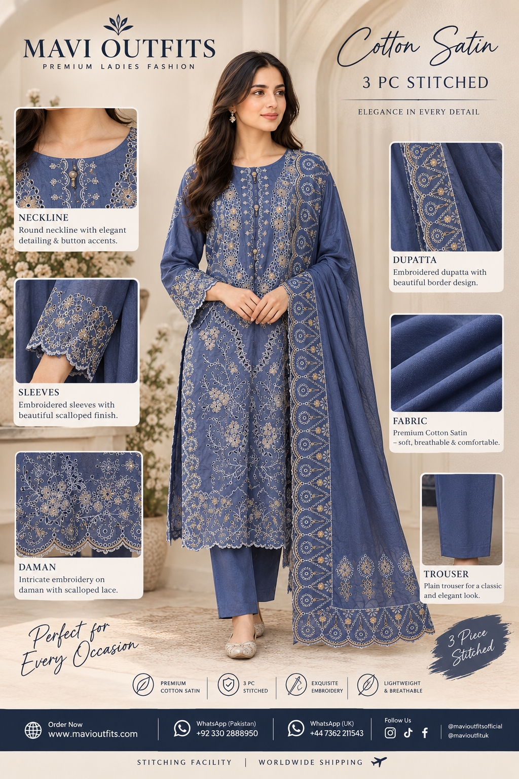 Mavi's Pret Mushq Cotton Satin 3-Piece Stitched Suit