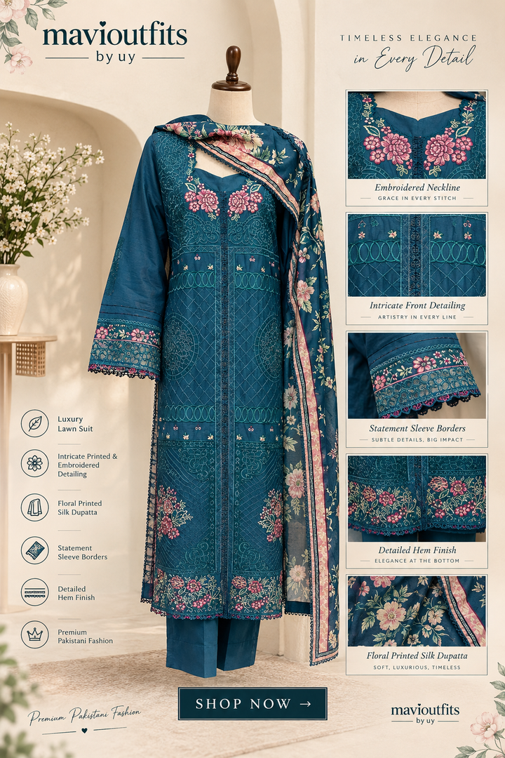 Mavi’s Pret Bin Ilyas Teal Blue 3PC | Ready to Wear