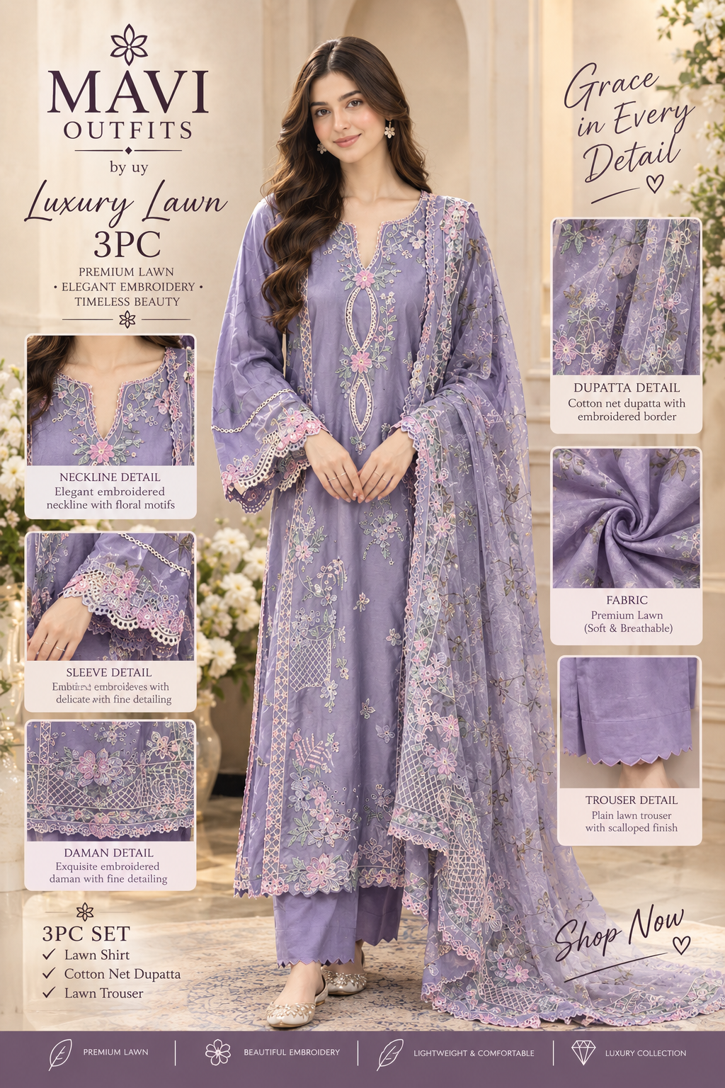 Mavi Pret Maryum Hussain Jasmine Luxury Embroidered Lawn 3PC | Ready to Wear