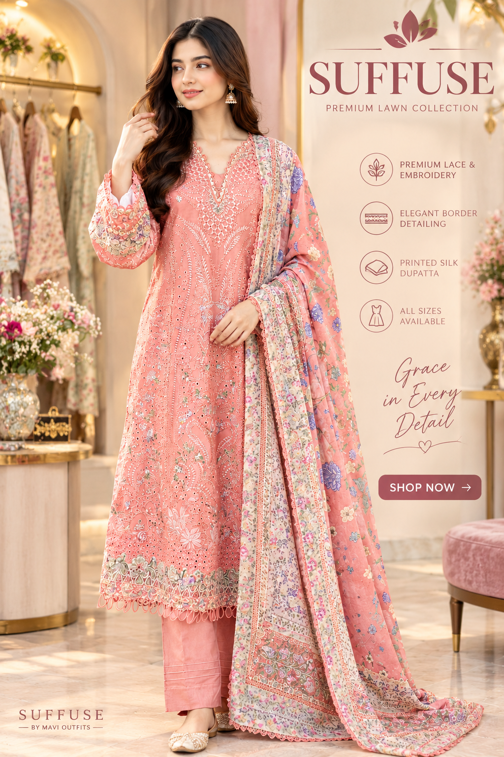 Mavi’s Pret SUFFUSE Dusty Coral Pink Embroidered Lawn 3PC RTW