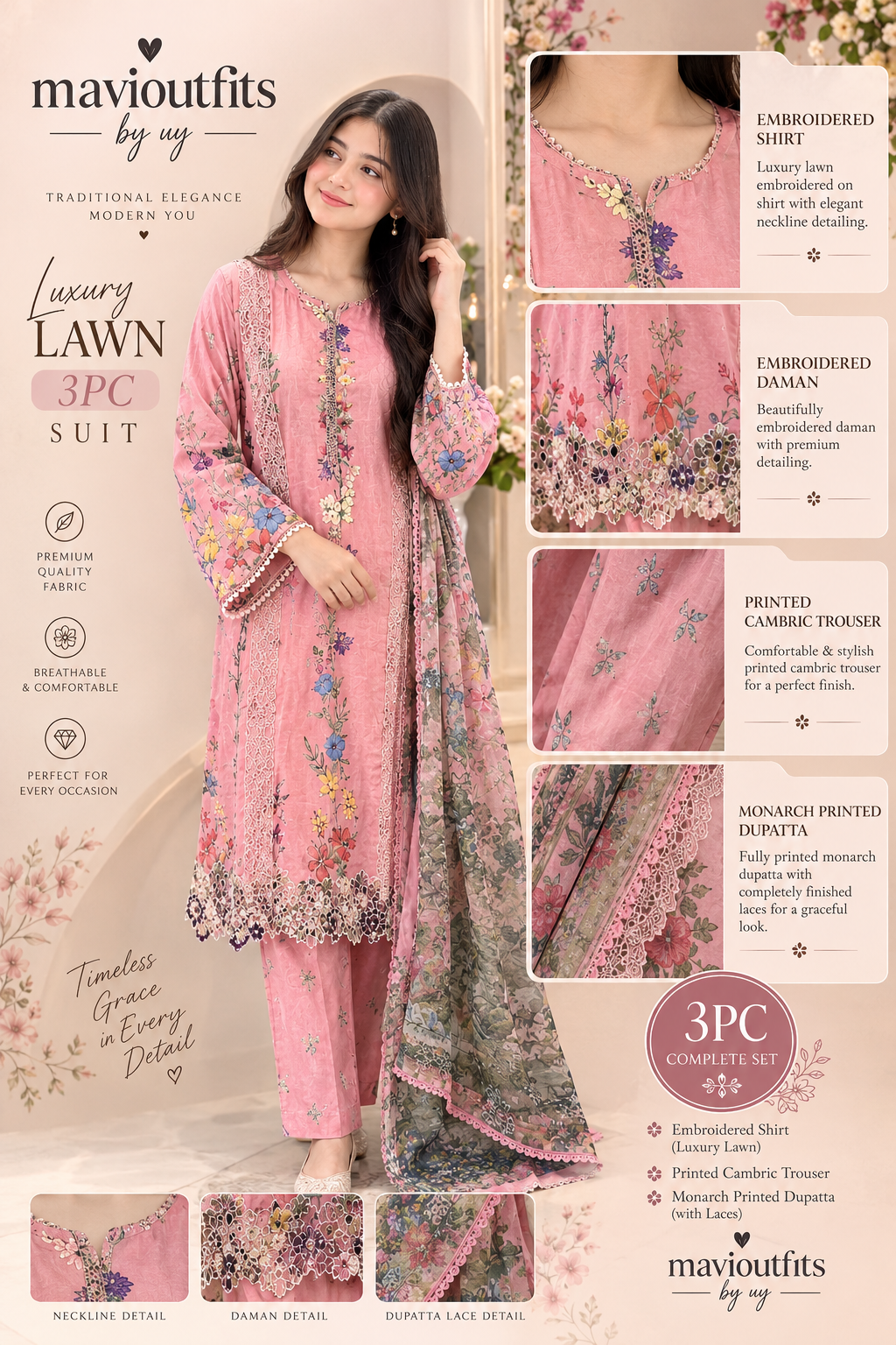 Mavi’s Pret Asifa Nabeel Floral Pink Luxury Lawn 3PC – Ready to Wear