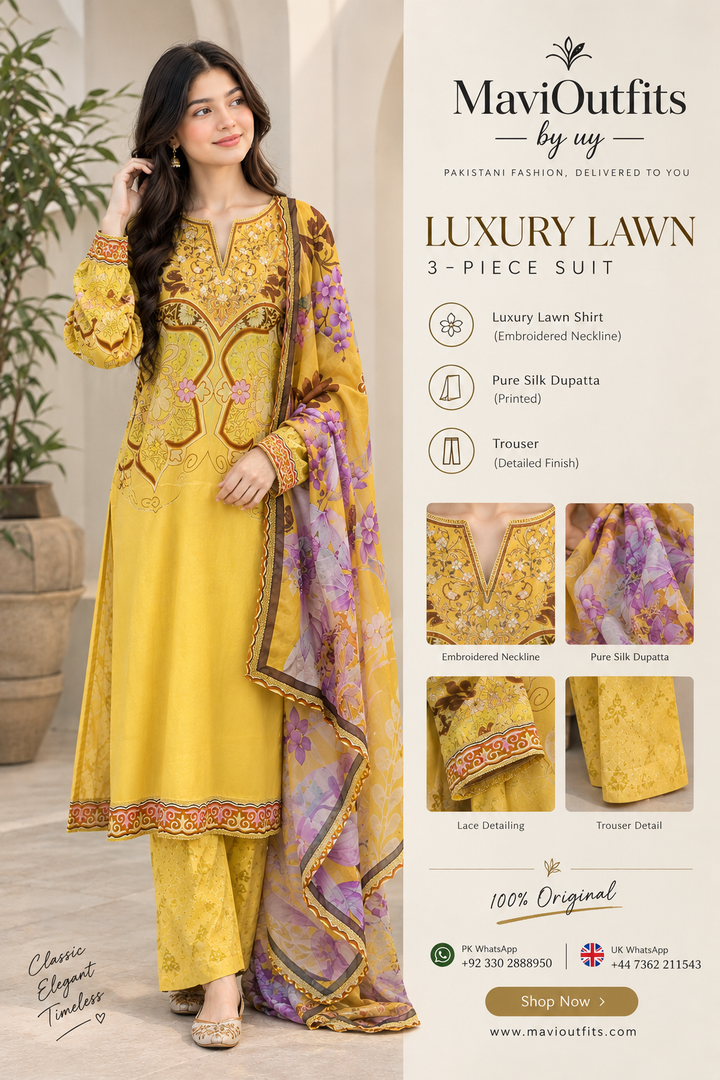 Mavi's Pret Mushq Mustard Yellow Luxury Lawn 3PC RTW | 100% Original