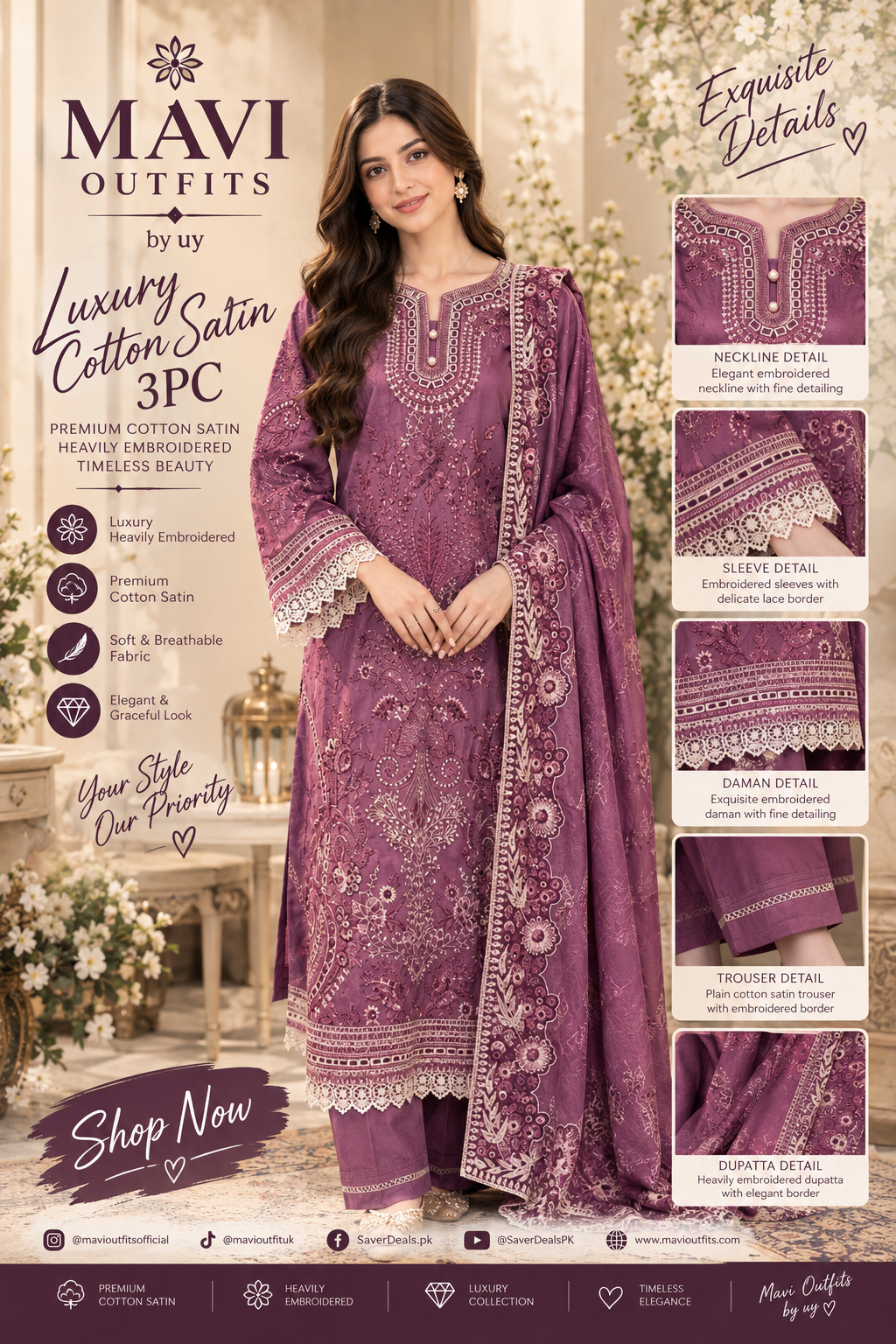 Mavi Pret Mushq Pink Cotton Satin 3PC