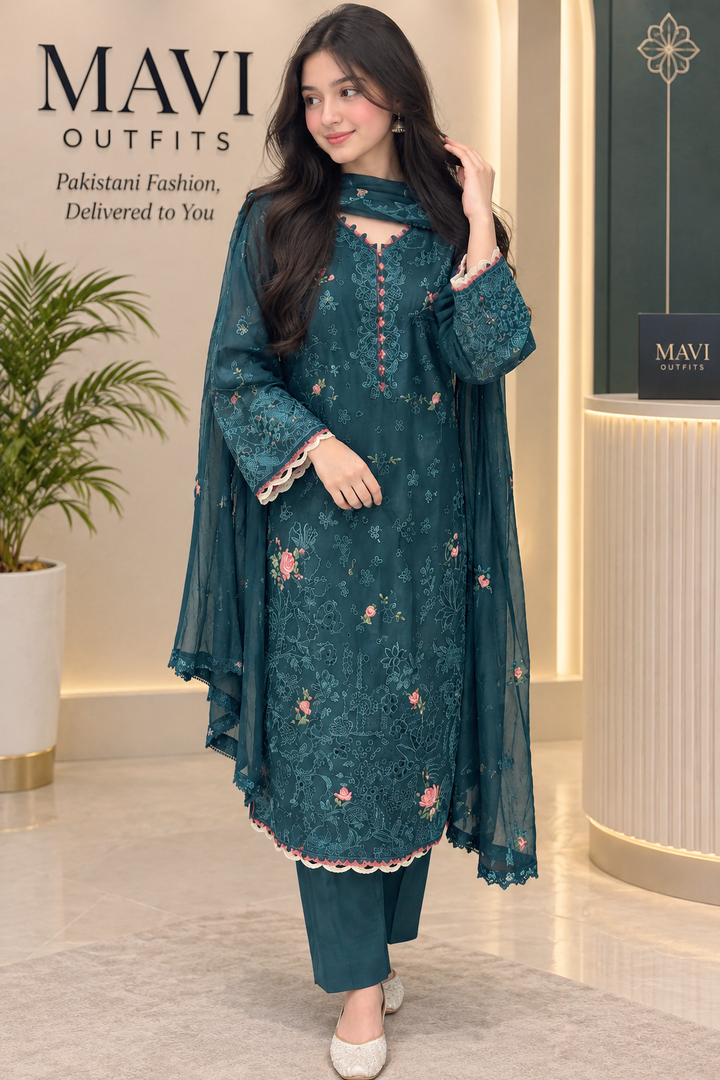 Mavi's Pret Qalamkar Teal Embroidered Lawn 3PC Ready to Wear