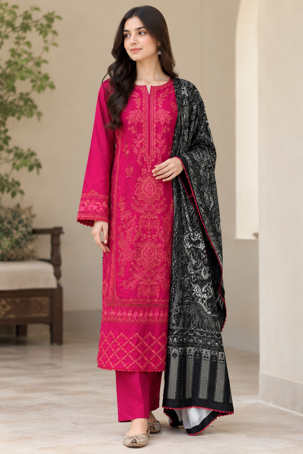 Mavi's Pret Binilyas Deep Pink Viscose Embroidered 3PC | Ready to Wear