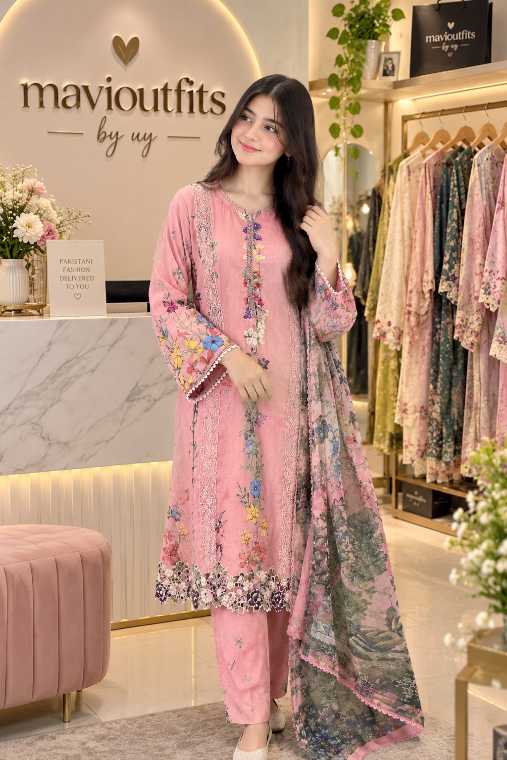 Mavi’s Pret Asifa Nabeel Floral Pink Luxury Lawn 3PC – Ready to Wear