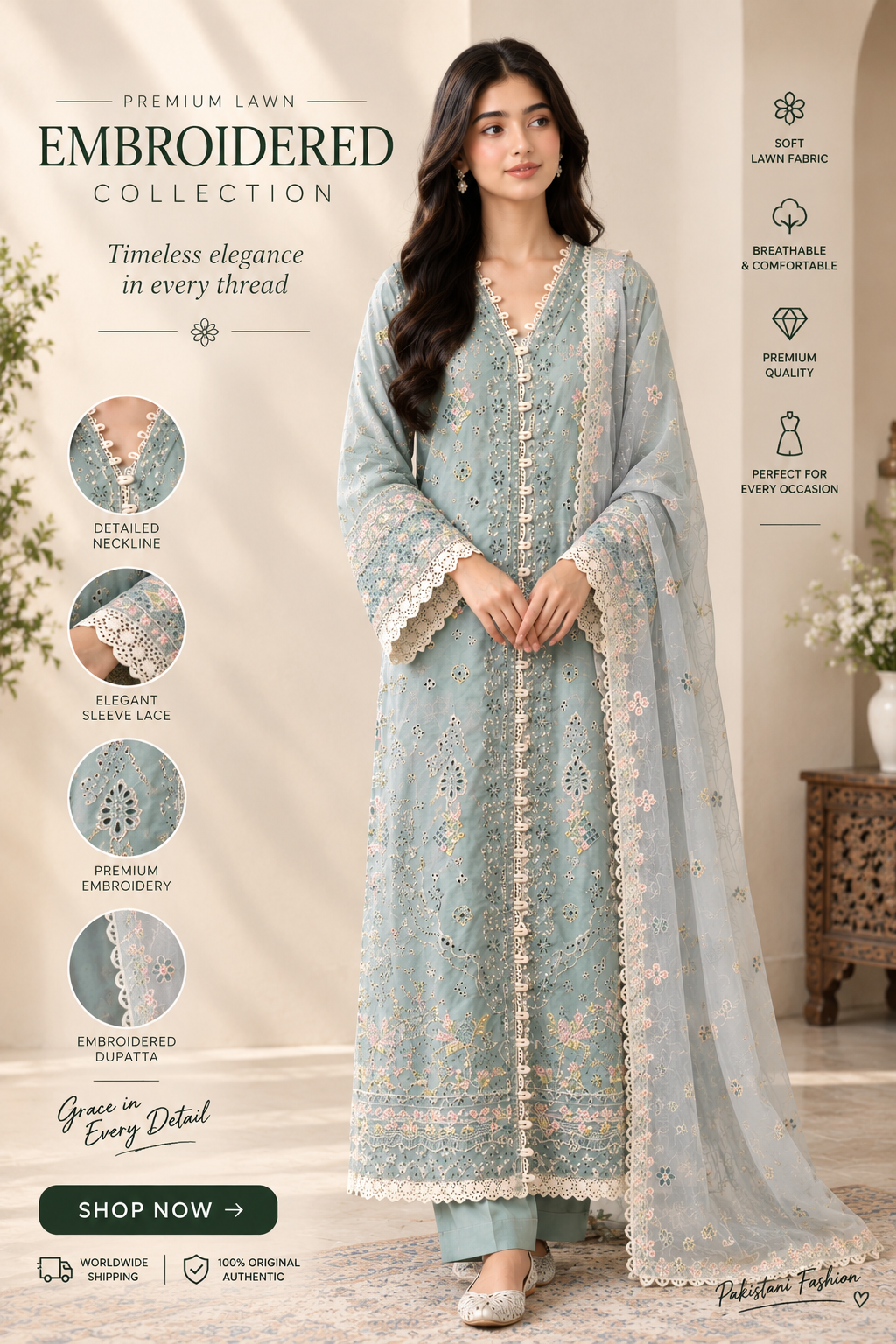 Mavi's Pret Qalamkar Dusty Green Luxury Laser-Cut Lawn 3PC | RTW