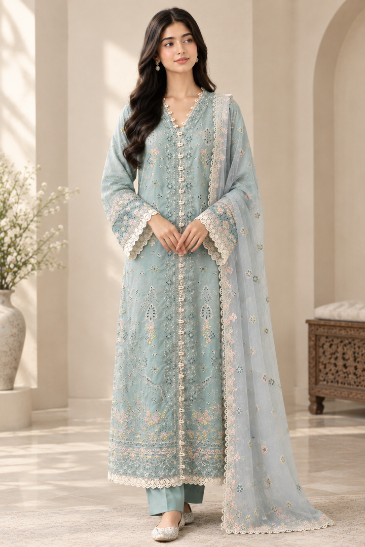 Mavi's Pret Qalamkar Dusty Green Luxury Laser-Cut Lawn 3PC | RTW