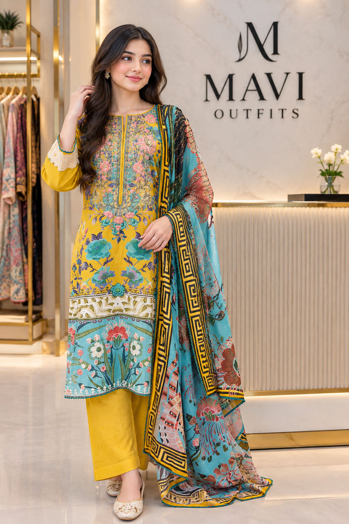 Mustard Yellow Embroidered Linen 3-Piece Suit | Ready to Wear