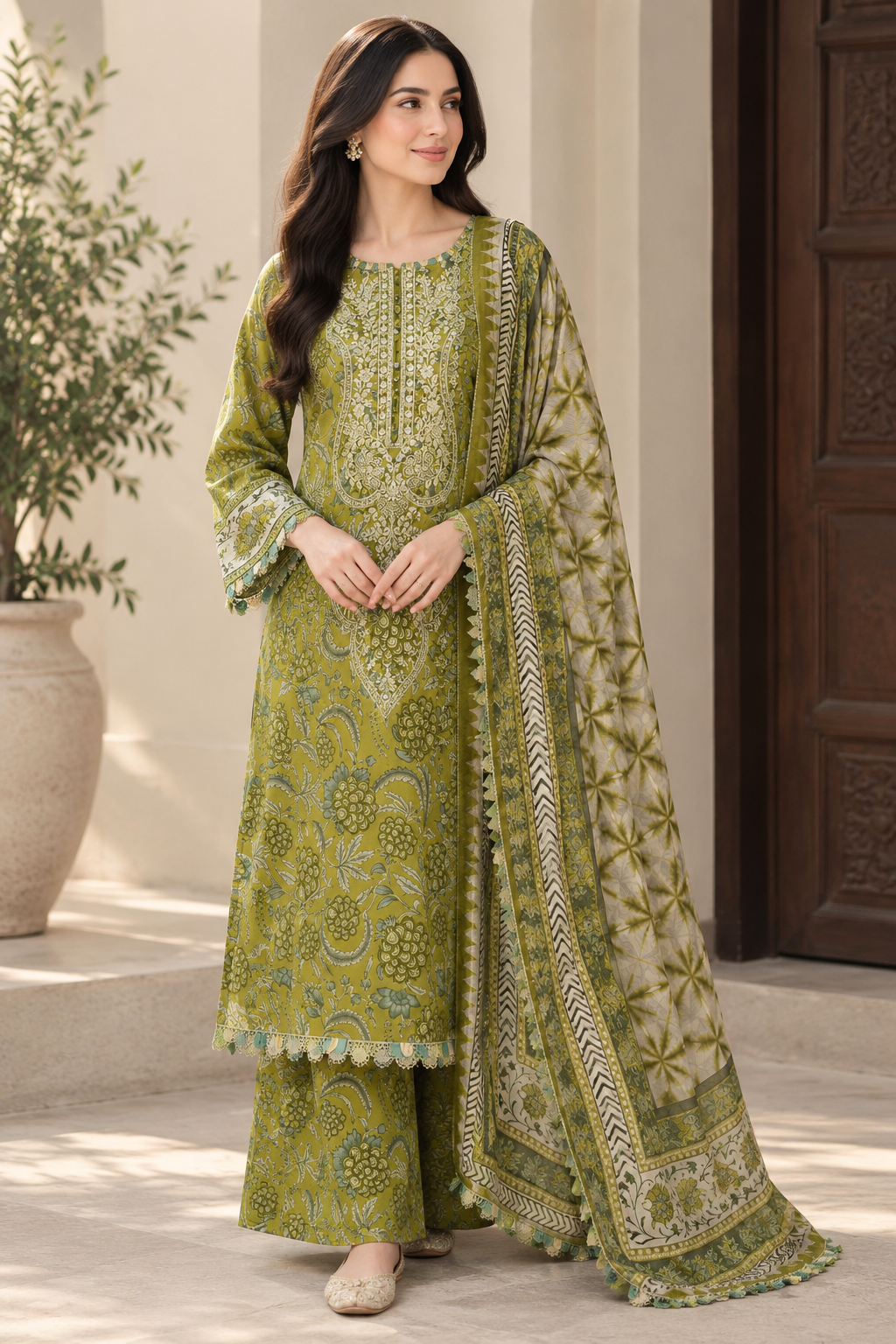 Mavi's Pret MPrint Olive Green Printed Lawn 3PC | Ready-to-Wear