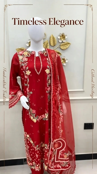 Mavi Pret Maryum Hussain Crimson Luxury Embroidered Lawn 3PC | Stitched Ready to Wear