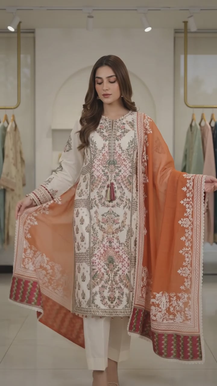 Hussain Rehar Luxury Lawn 3PC Stitched Suit – Chikankari Embroidered | Mavi's Pret | 101% Original