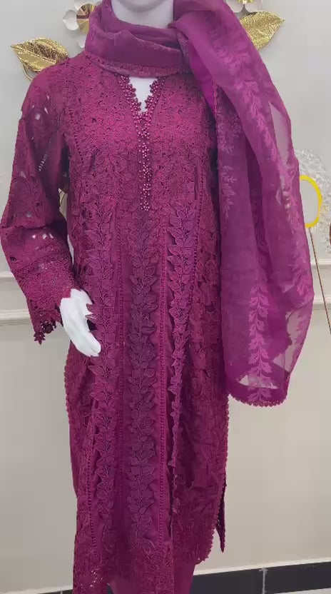 Mavi's Pret Maria.B Luxury Plum 3PC | Laser-Cut Embroidered