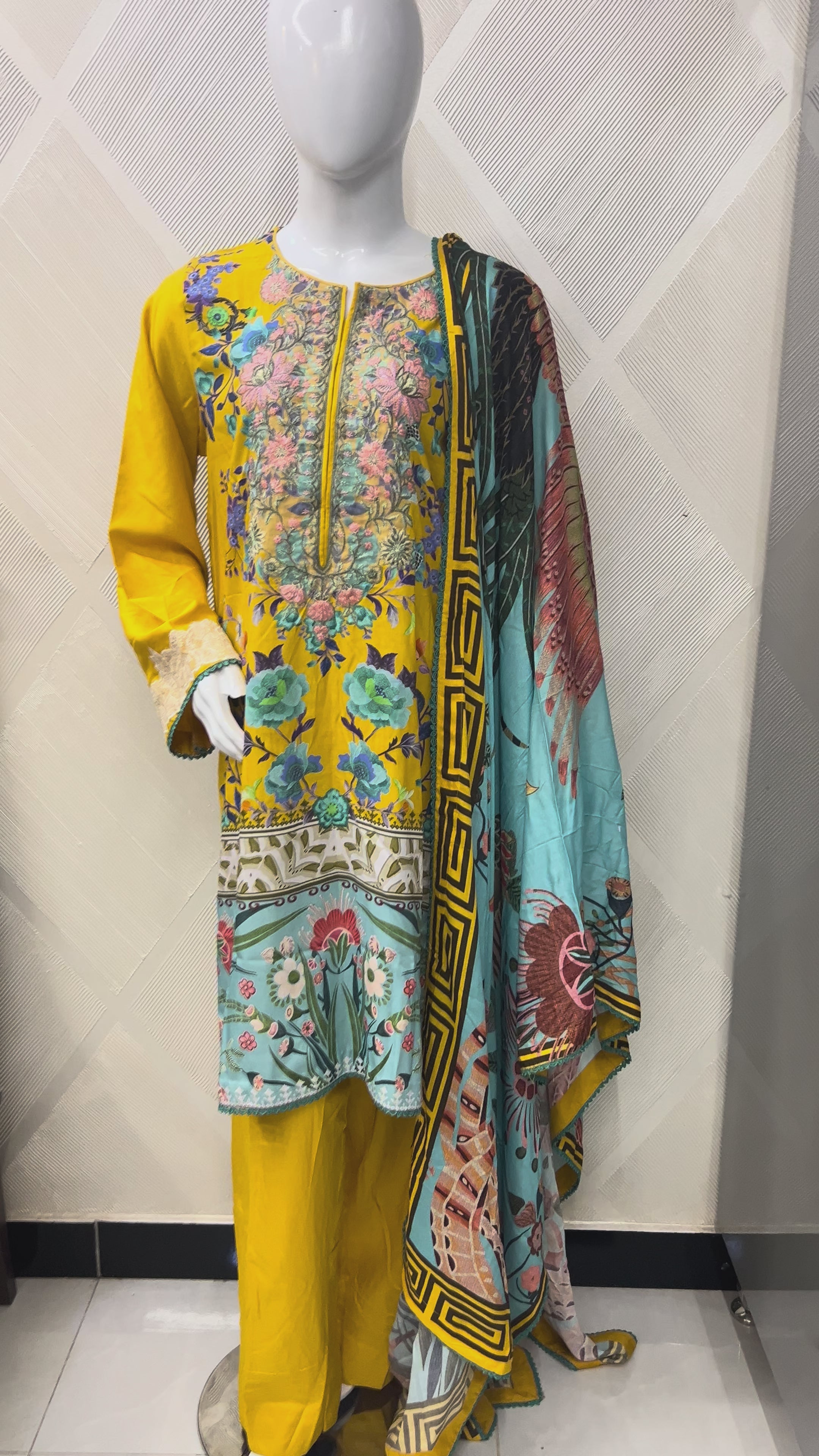 Mustard Yellow Embroidered Linen 3-Piece Suit | Ready to Wear